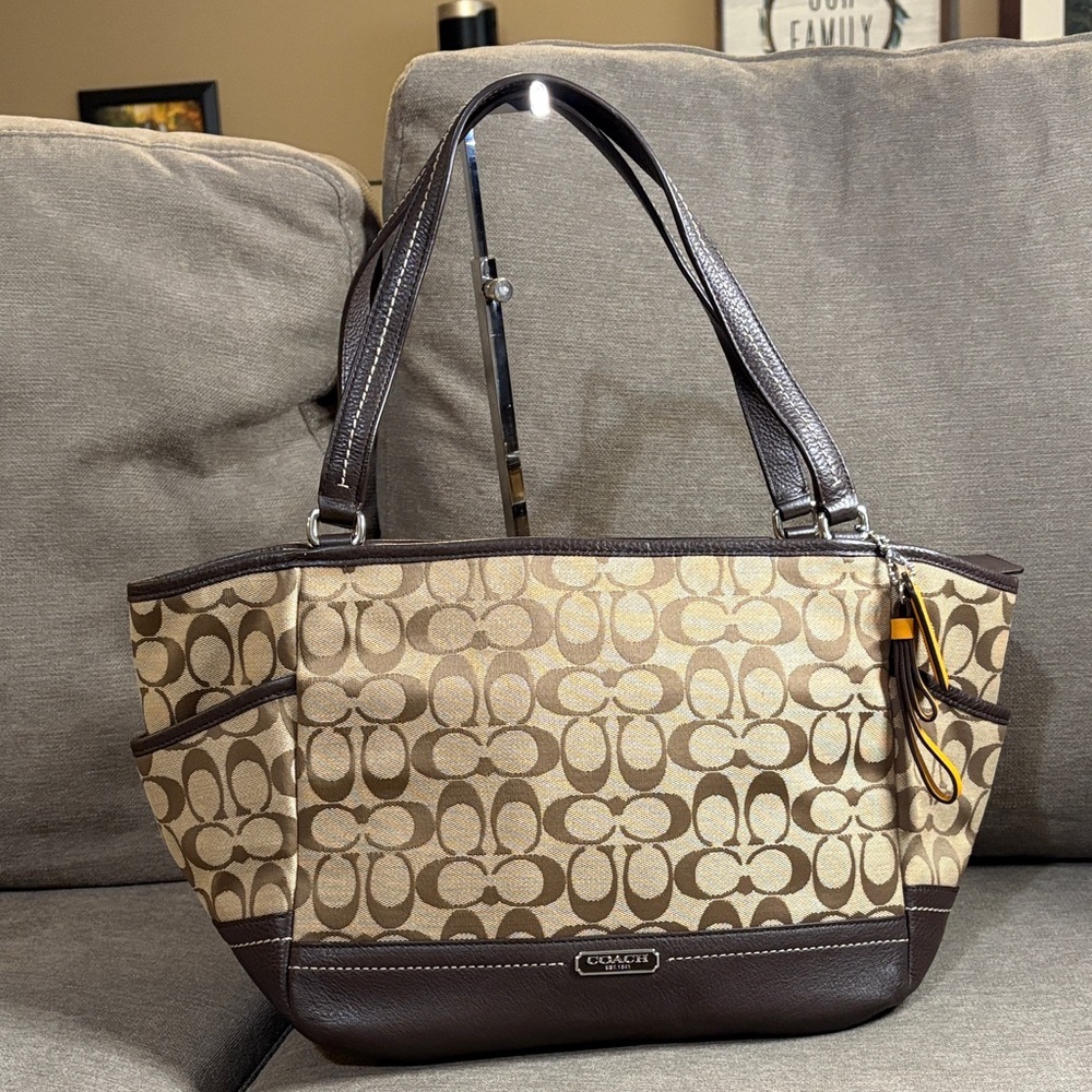 Coach Signature Canvas Tote in Khaki and Brown with Leather Trim - Picture 2 of 10
